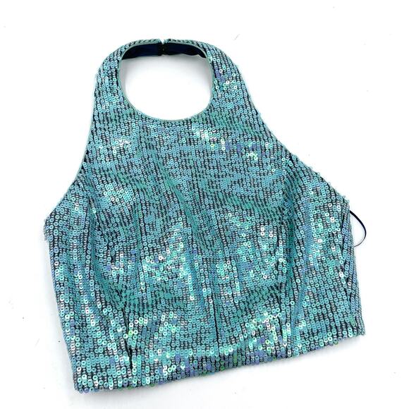Dress the Population Ashton Sequin Halter Top Iridescent Blue Crop Sz S - Picture 1 of 7